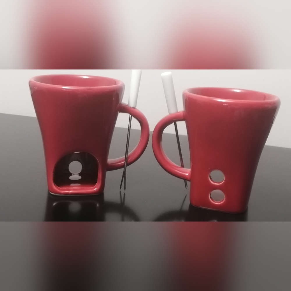 DARK RED FONDUE MUGS 2PC SET WITH WHITE TIPPED FORKS